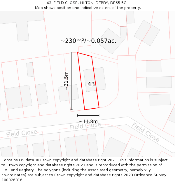 43, FIELD CLOSE, HILTON, DERBY, DE65 5GL: Plot and title map