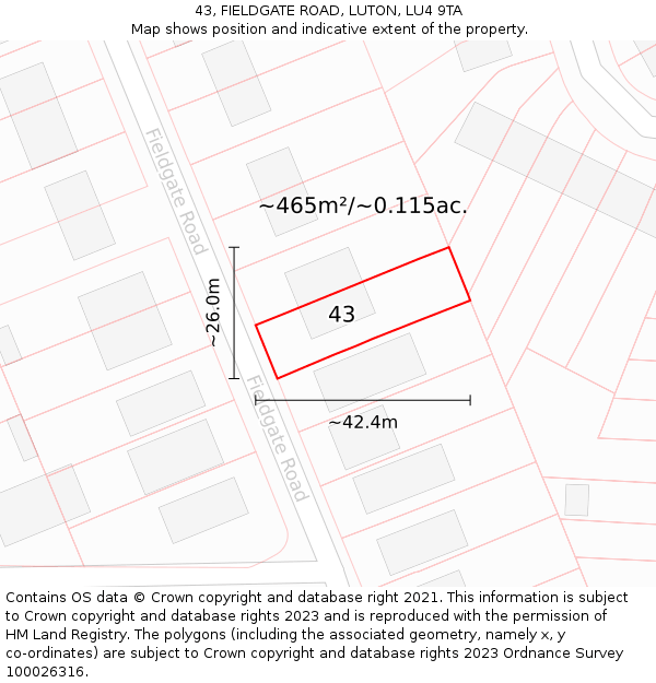 43, FIELDGATE ROAD, LUTON, LU4 9TA: Plot and title map