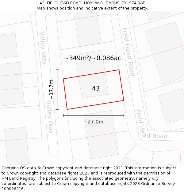 43, FIELDHEAD ROAD, HOYLAND, BARNSLEY, S74 9AT: Plot and title map