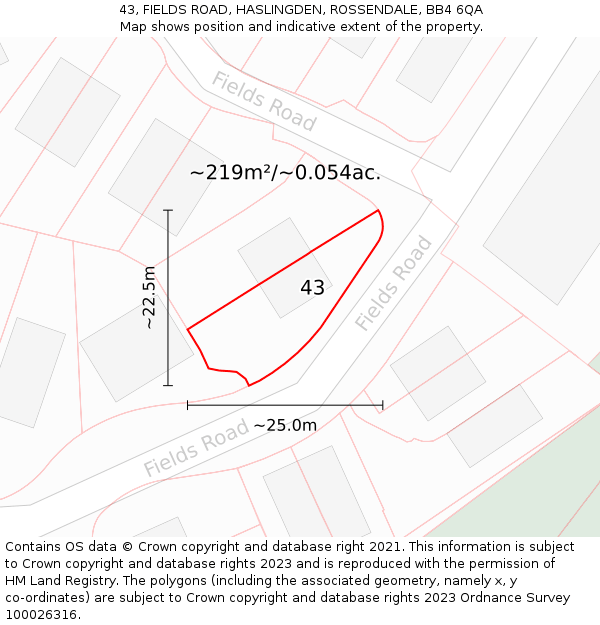 43, FIELDS ROAD, HASLINGDEN, ROSSENDALE, BB4 6QA: Plot and title map