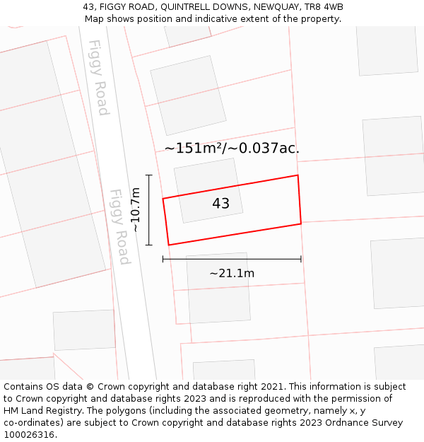 43, FIGGY ROAD, QUINTRELL DOWNS, NEWQUAY, TR8 4WB: Plot and title map