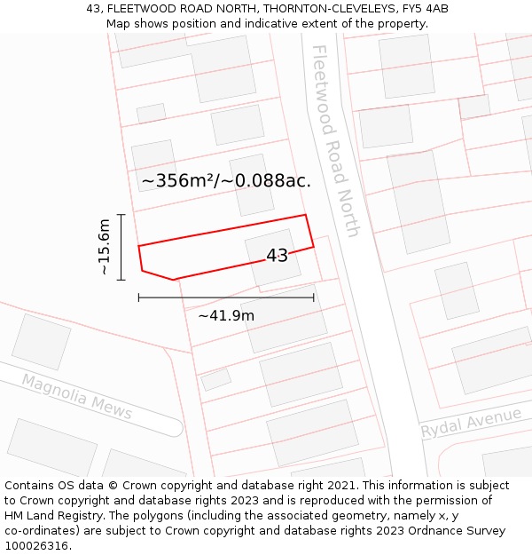 43, FLEETWOOD ROAD NORTH, THORNTON-CLEVELEYS, FY5 4AB: Plot and title map