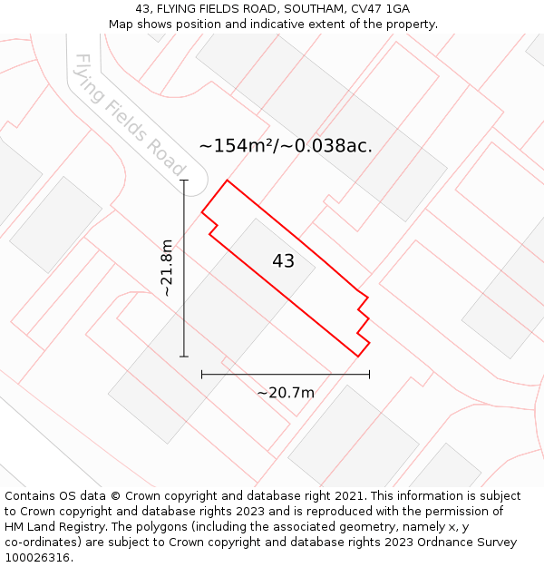 43, FLYING FIELDS ROAD, SOUTHAM, CV47 1GA: Plot and title map