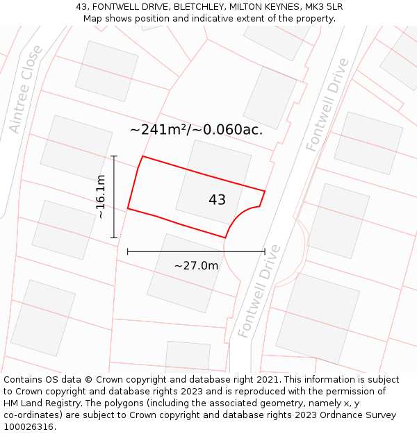 43, FONTWELL DRIVE, BLETCHLEY, MILTON KEYNES, MK3 5LR: Plot and title map