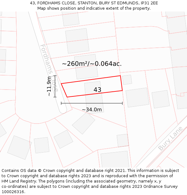 43, FORDHAMS CLOSE, STANTON, BURY ST EDMUNDS, IP31 2EE: Plot and title map