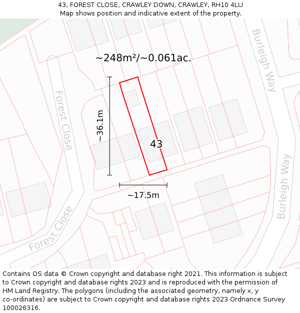 43, FOREST CLOSE, CRAWLEY DOWN, CRAWLEY, RH10 4LU: Plot and title map