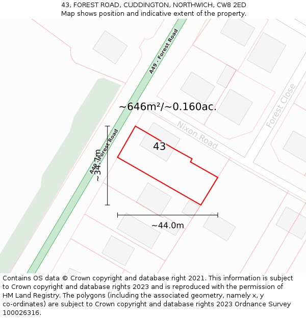 43, FOREST ROAD, CUDDINGTON, NORTHWICH, CW8 2ED: Plot and title map
