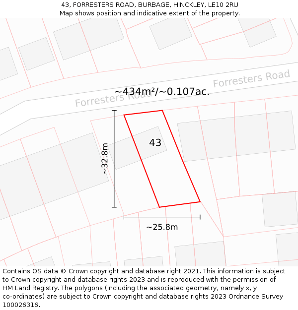43, FORRESTERS ROAD, BURBAGE, HINCKLEY, LE10 2RU: Plot and title map