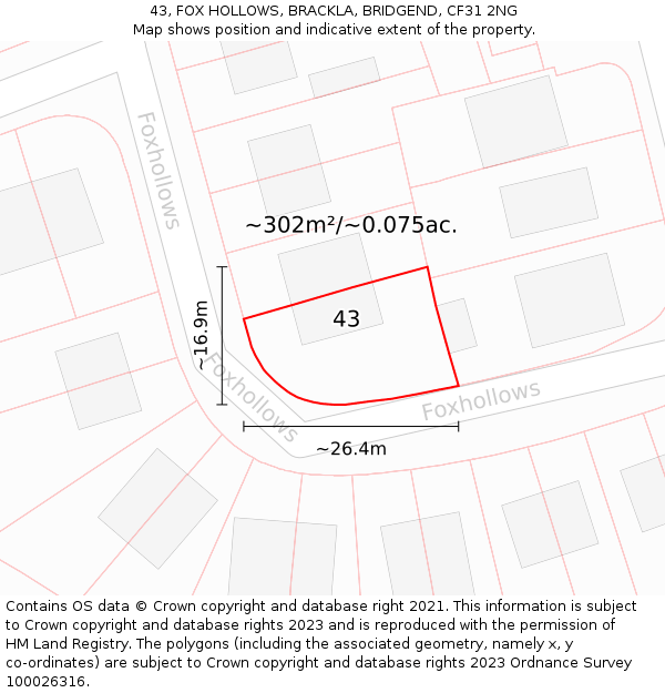 43, FOX HOLLOWS, BRACKLA, BRIDGEND, CF31 2NG: Plot and title map