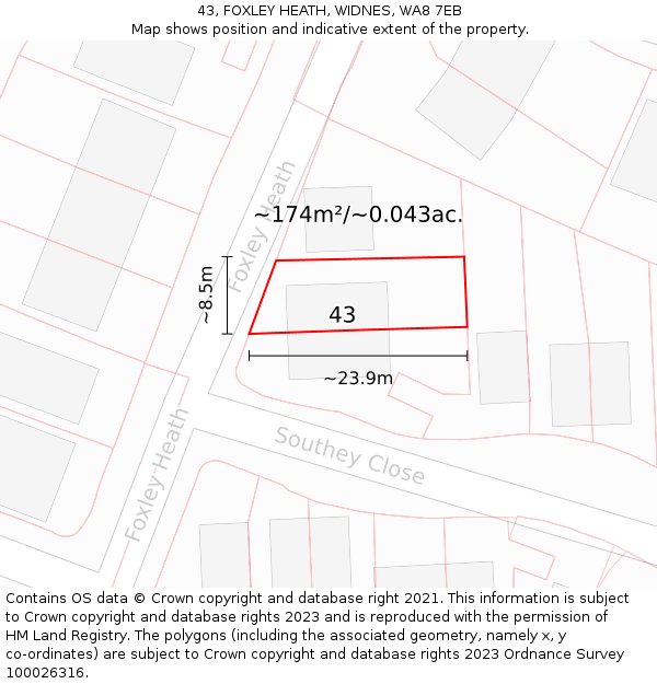 43, FOXLEY HEATH, WIDNES, WA8 7EB: Plot and title map