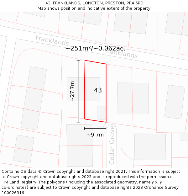 43, FRANKLANDS, LONGTON, PRESTON, PR4 5PD: Plot and title map