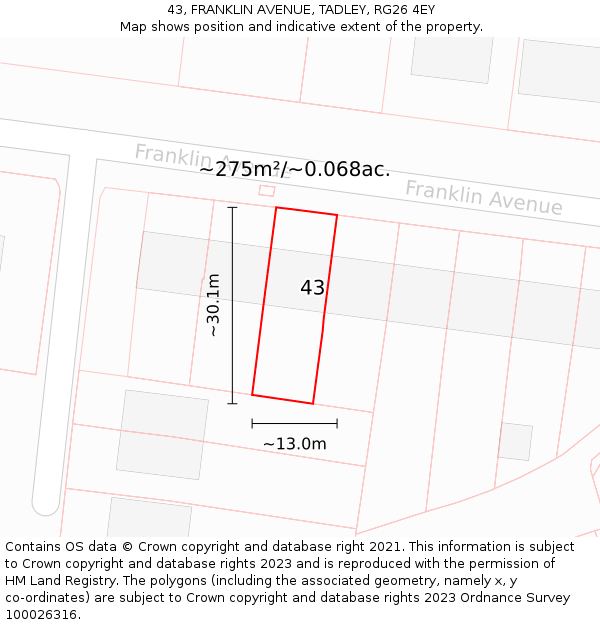 43, FRANKLIN AVENUE, TADLEY, RG26 4EY: Plot and title map