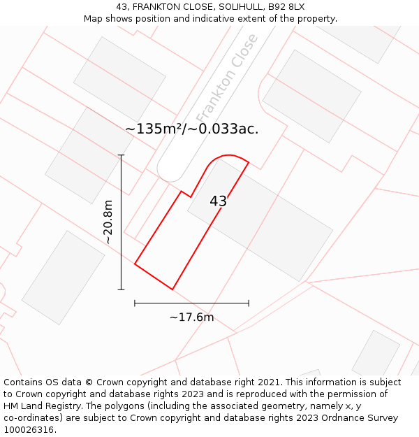 43, FRANKTON CLOSE, SOLIHULL, B92 8LX: Plot and title map
