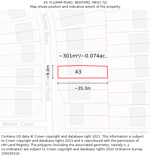 43, FULMAR ROAD, BEDFORD, MK41 7JZ: Plot and title map