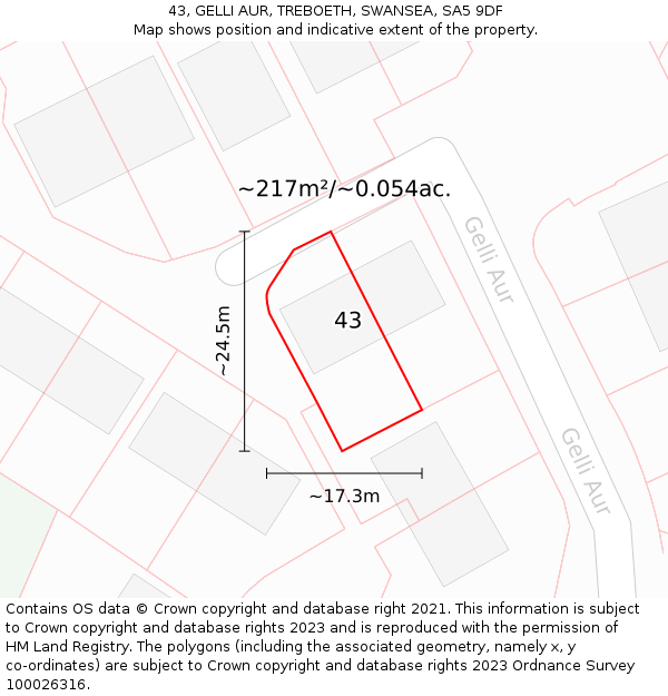 43, GELLI AUR, TREBOETH, SWANSEA, SA5 9DF: Plot and title map