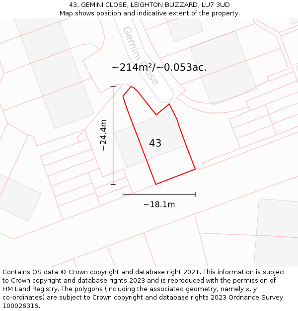 43, GEMINI CLOSE, LEIGHTON BUZZARD, LU7 3UD: Plot and title map