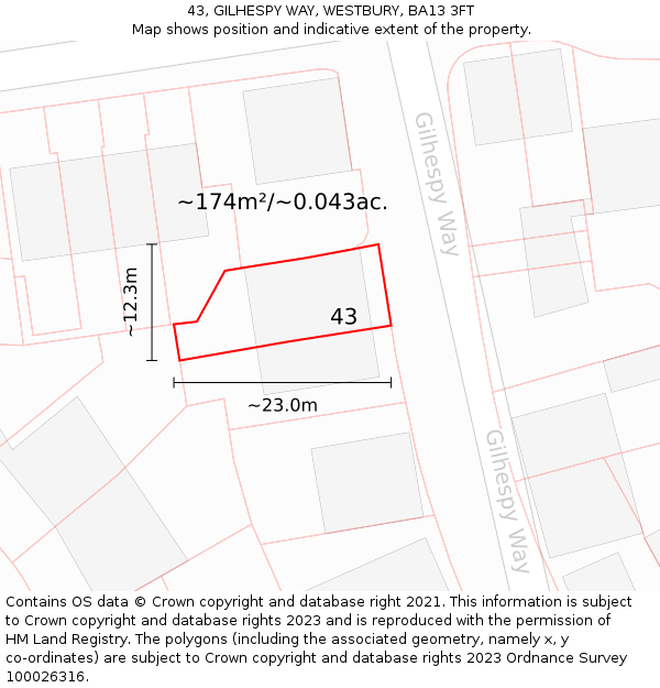 43, GILHESPY WAY, WESTBURY, BA13 3FT: Plot and title map