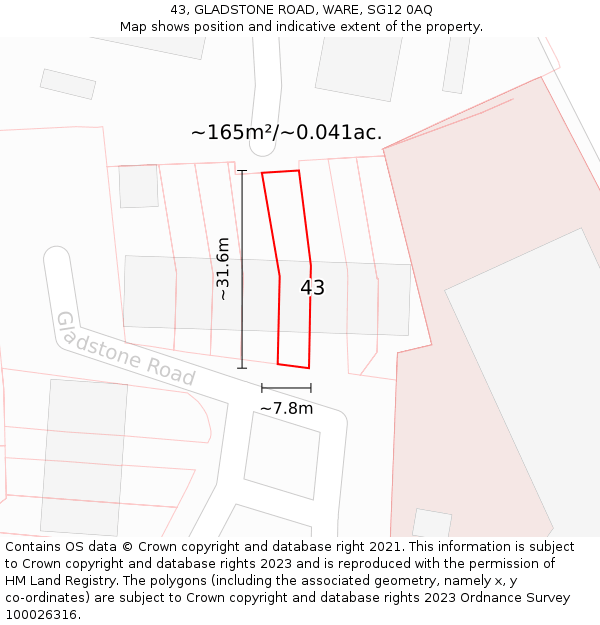 43, GLADSTONE ROAD, WARE, SG12 0AQ: Plot and title map