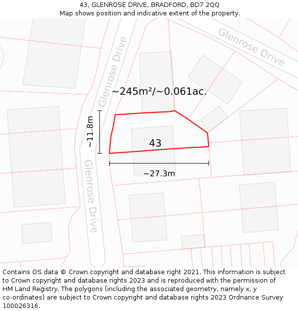 43, GLENROSE DRIVE, BRADFORD, BD7 2QQ: Plot and title map