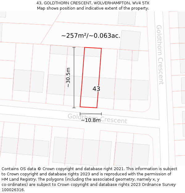 43, GOLDTHORN CRESCENT, WOLVERHAMPTON, WV4 5TX: Plot and title map