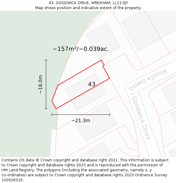 43, GOODWICK DRIVE, WREXHAM, LL13 0JY: Plot and title map