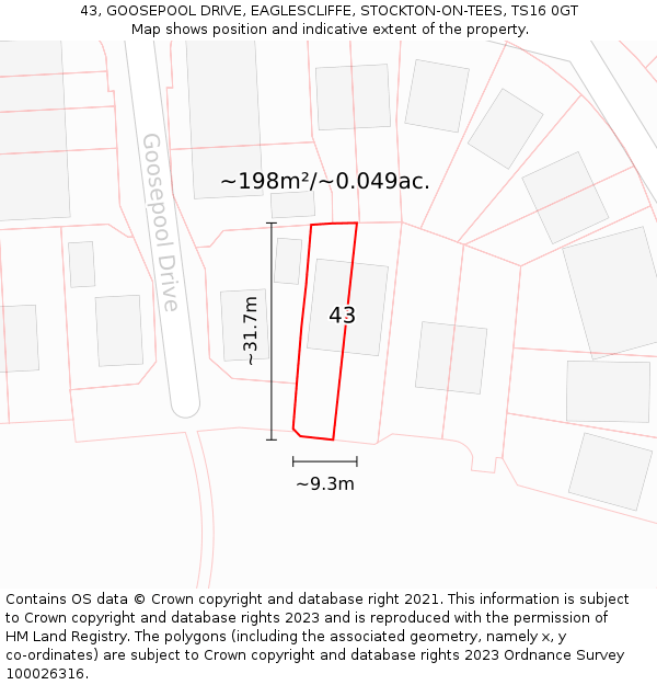 43, GOOSEPOOL DRIVE, EAGLESCLIFFE, STOCKTON-ON-TEES, TS16 0GT: Plot and title map