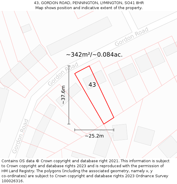 43, GORDON ROAD, PENNINGTON, LYMINGTON, SO41 8HR: Plot and title map