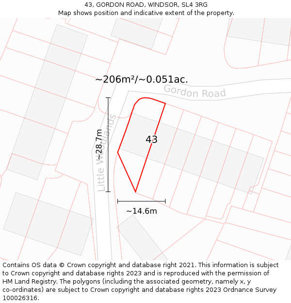 43, GORDON ROAD, WINDSOR, SL4 3RG: Plot and title map