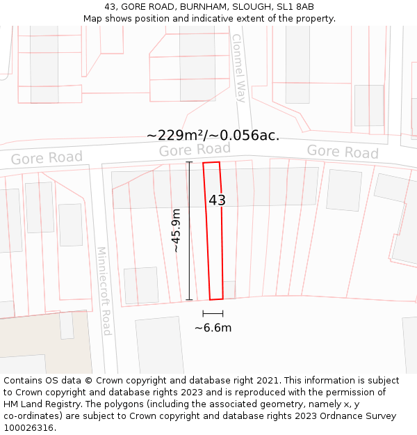 43, GORE ROAD, BURNHAM, SLOUGH, SL1 8AB: Plot and title map