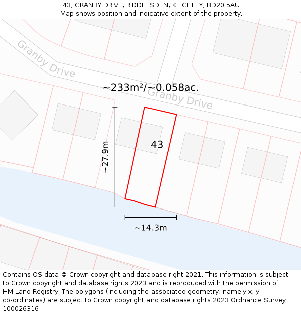 43, GRANBY DRIVE, RIDDLESDEN, KEIGHLEY, BD20 5AU: Plot and title map