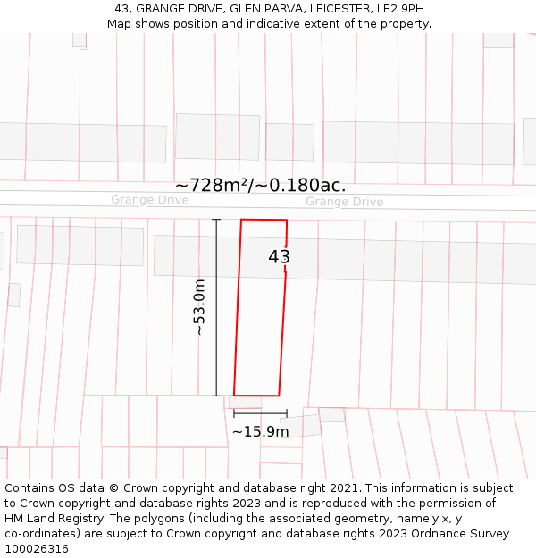 43, GRANGE DRIVE, GLEN PARVA, LEICESTER, LE2 9PH: Plot and title map