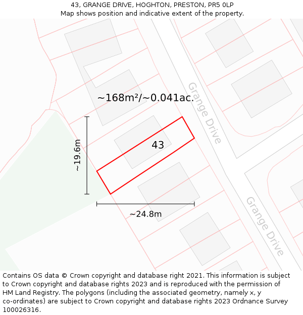 43, GRANGE DRIVE, HOGHTON, PRESTON, PR5 0LP: Plot and title map