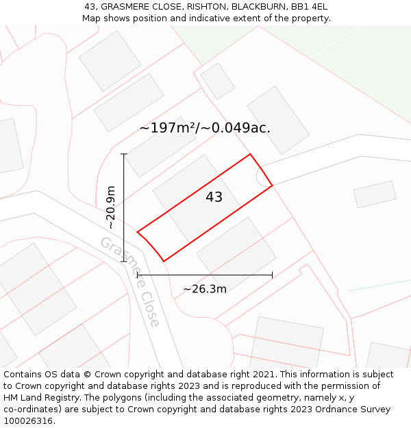 43, GRASMERE CLOSE, RISHTON, BLACKBURN, BB1 4EL: Plot and title map