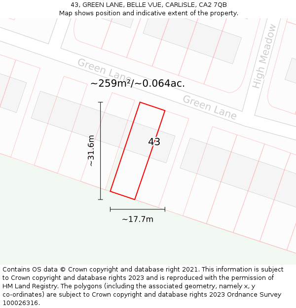 43, GREEN LANE, BELLE VUE, CARLISLE, CA2 7QB: Plot and title map