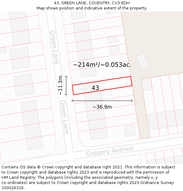 43, GREEN LANE, COVENTRY, CV3 6DH: Plot and title map