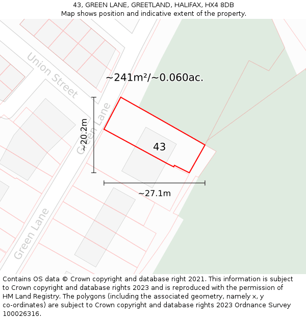 43, GREEN LANE, GREETLAND, HALIFAX, HX4 8DB: Plot and title map