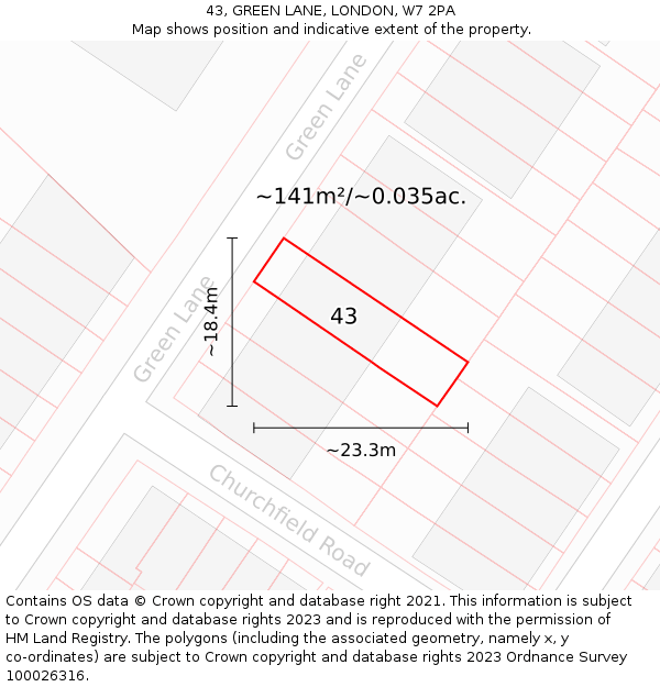43, GREEN LANE, LONDON, W7 2PA: Plot and title map