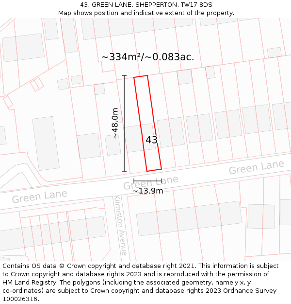 43, GREEN LANE, SHEPPERTON, TW17 8DS: Plot and title map