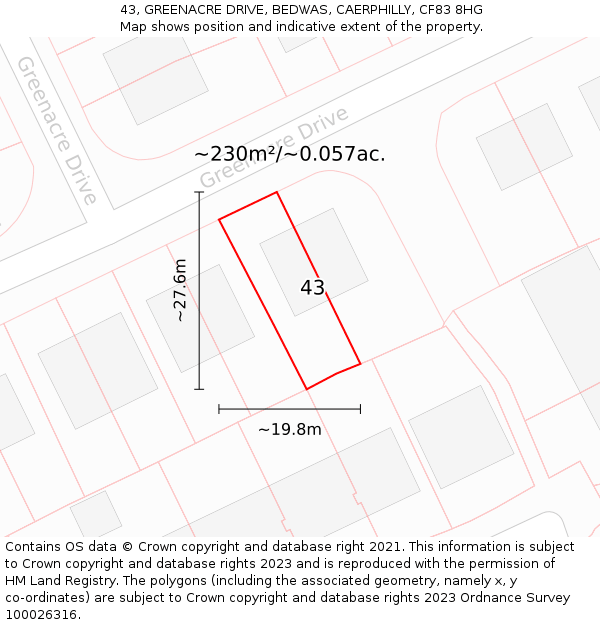 43, GREENACRE DRIVE, BEDWAS, CAERPHILLY, CF83 8HG: Plot and title map