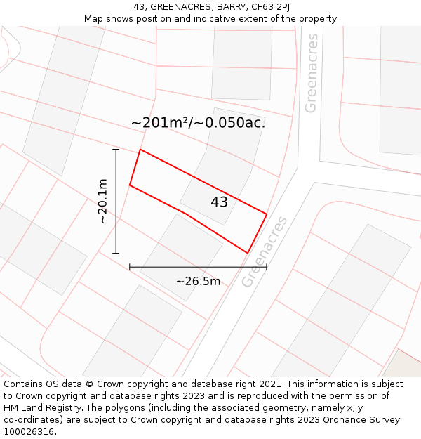 43, GREENACRES, BARRY, CF63 2PJ: Plot and title map