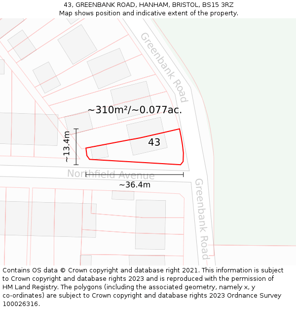 43, GREENBANK ROAD, HANHAM, BRISTOL, BS15 3RZ: Plot and title map