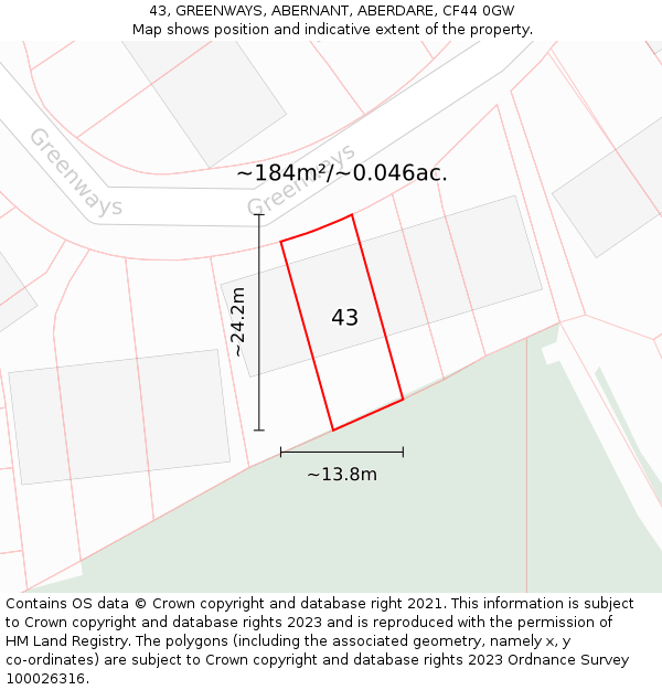 43, GREENWAYS, ABERNANT, ABERDARE, CF44 0GW: Plot and title map
