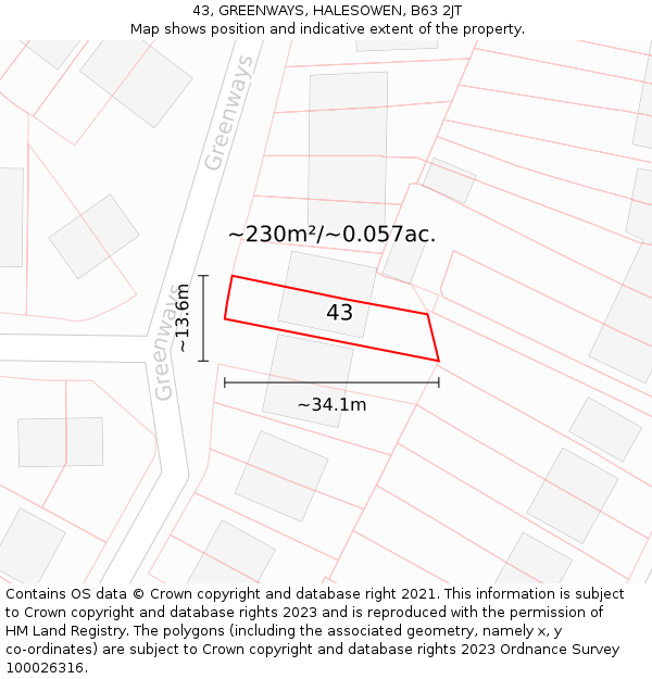 43, GREENWAYS, HALESOWEN, B63 2JT: Plot and title map