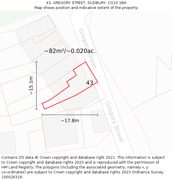 43, GREGORY STREET, SUDBURY, CO10 1BA: Plot and title map