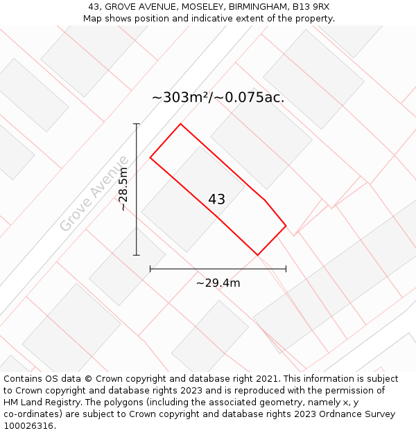 43, GROVE AVENUE, MOSELEY, BIRMINGHAM, B13 9RX: Plot and title map