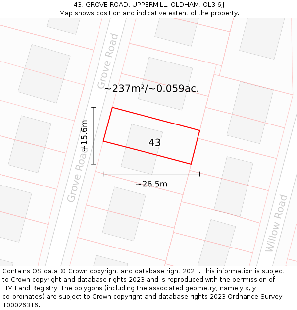 43, GROVE ROAD, UPPERMILL, OLDHAM, OL3 6JJ: Plot and title map