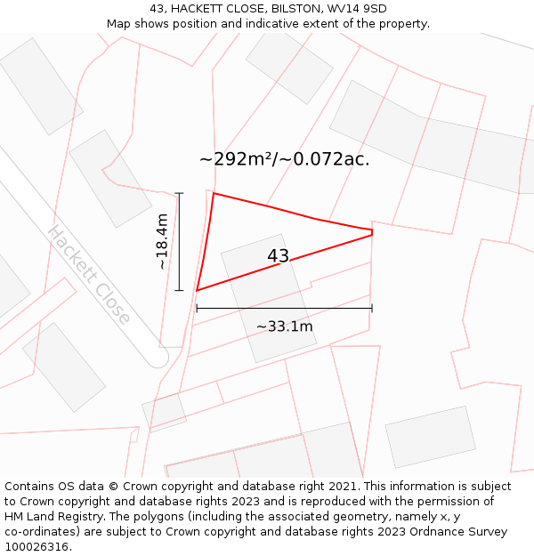 43, HACKETT CLOSE, BILSTON, WV14 9SD: Plot and title map