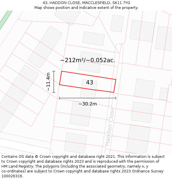 43, HADDON CLOSE, MACCLESFIELD, SK11 7YG: Plot and title map
