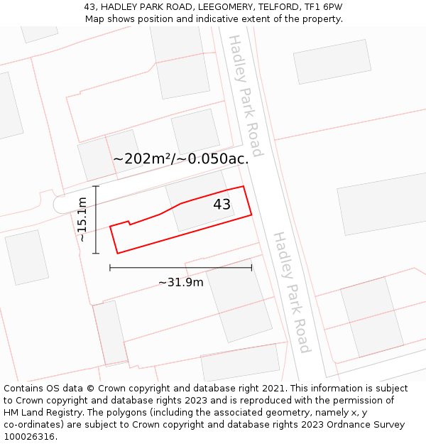 43, HADLEY PARK ROAD, LEEGOMERY, TELFORD, TF1 6PW: Plot and title map