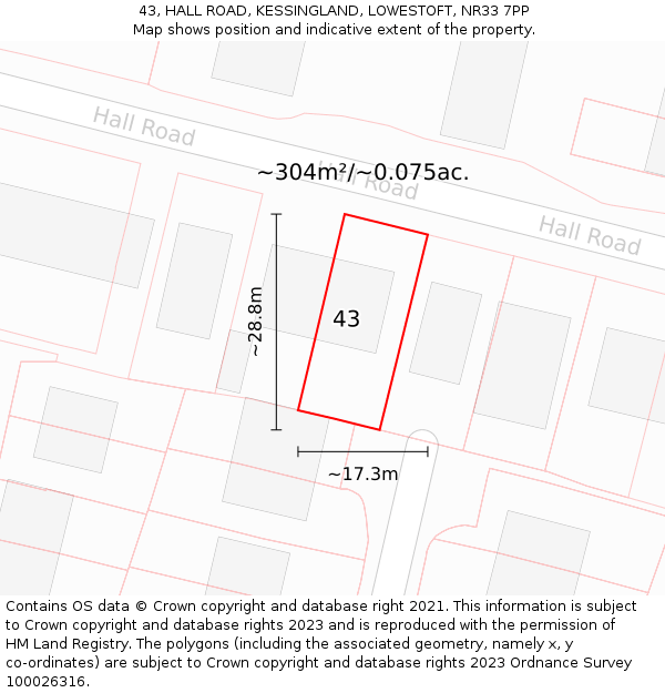 43, HALL ROAD, KESSINGLAND, LOWESTOFT, NR33 7PP: Plot and title map